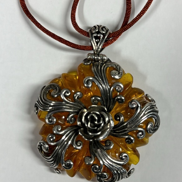 Amber Floral Pendant Sterling Silver with 18” Silk Cord - Picture 3 of 3